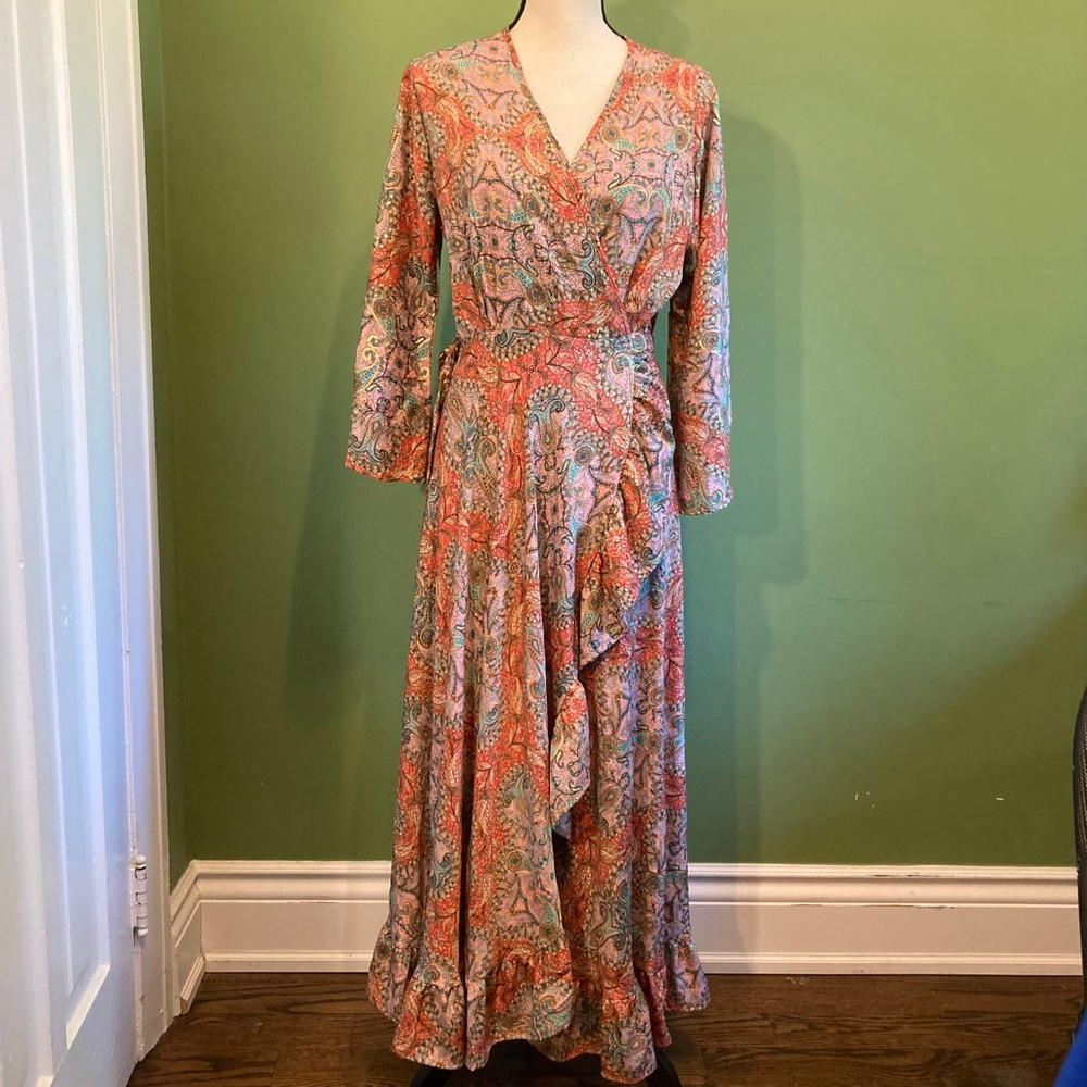 Women's Maxi Wrap Dress Pink/Blue Paisley Print Size M/L